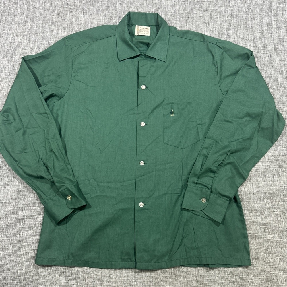 VTG 1960s 1970s Penneys Towncraft Men's M Green LS Loop Spread Collar Shirt